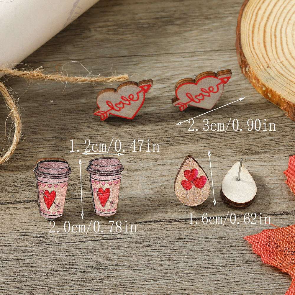 Wholesale Valentine's Day One Arrow Heart Piercing Printed Wooden Earrings